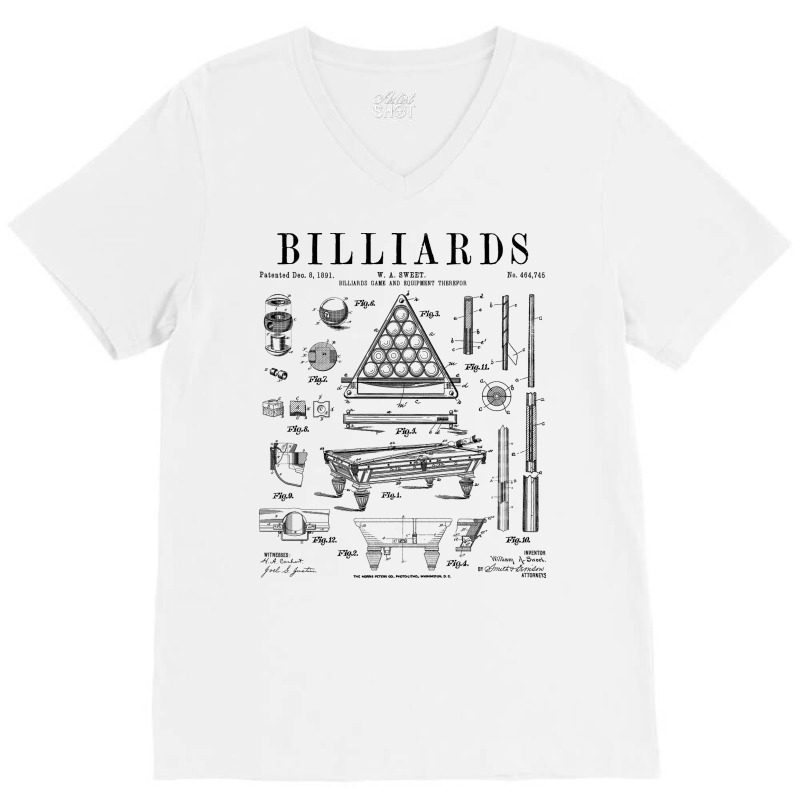 Billiards Table Pool Cue Ball Vintage Patent Drawi V-Neck Tee by sliwkahedden7 | Artistshot