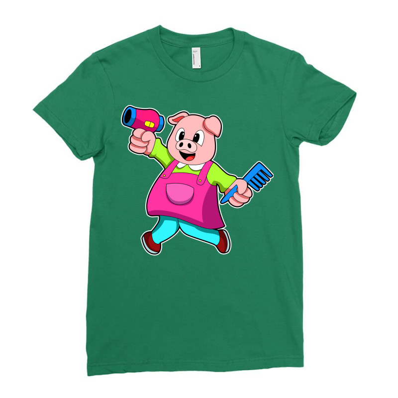 Pig As Hairdresser With Hair Dryer Comb Ladies Fitted T-Shirt by senkovdenairp | Artistshot