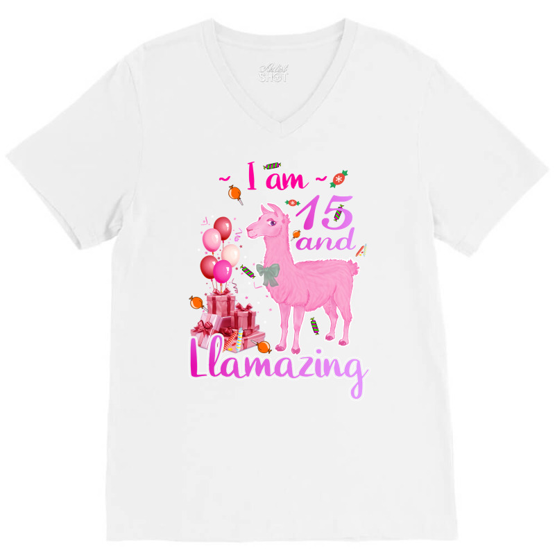 I Am 15 Years Old And Llamazing 15th Llama Birthda V-neck Tee | Artistshot