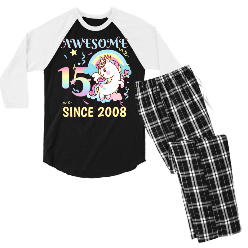 Cute Unicorn Rainbow 15th Birthday Awesome Since 2 Men's 3/4 Sleeve Pajama Set | Artistshot