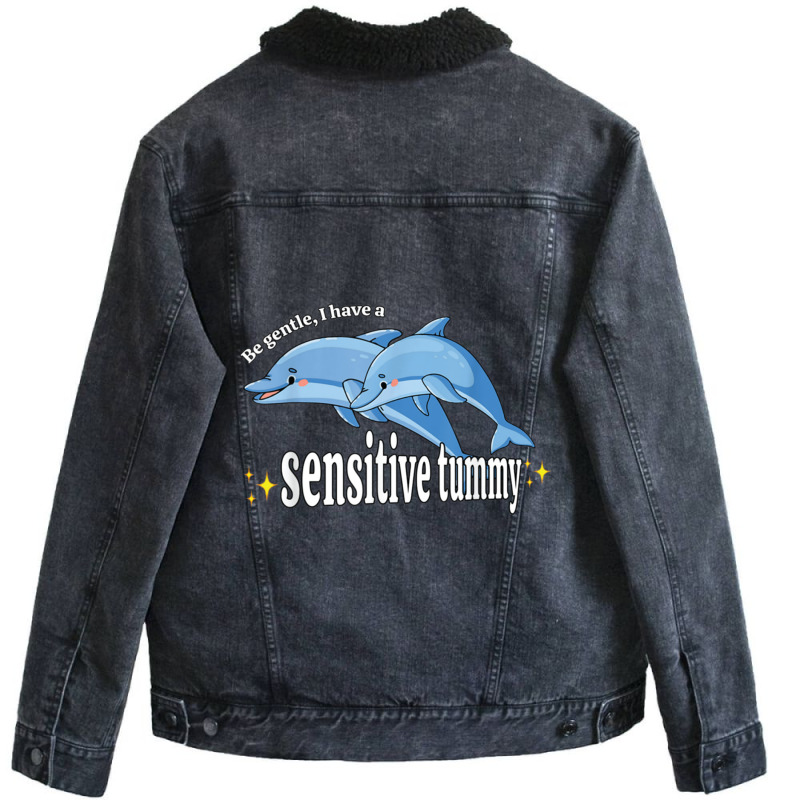 Be Gentle I Have A Sensitive Tummy Unisex Sherpa-Lined Denim Jacket by ALFREDANDRE | Artistshot