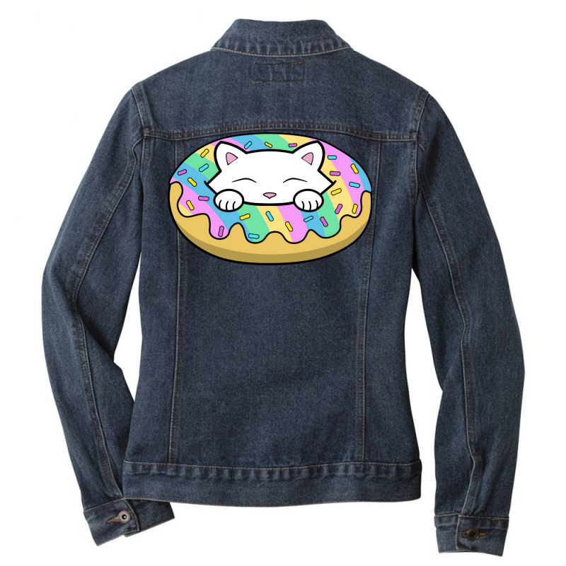 Cute White Kitten Eating A Yummy Looking Rainbow D Ladies Denim Jacket by homunwayitif | Artistshot