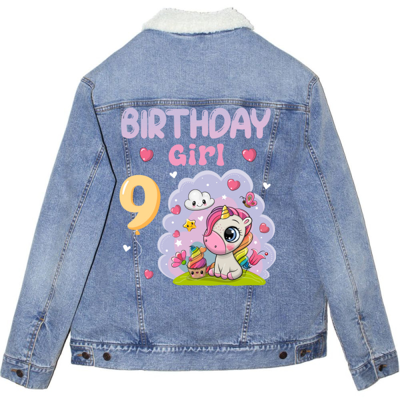 Cute Unicorn 9th Birthday Girl Blue Unisex Sherpa-lined Denim Jacket | Artistshot