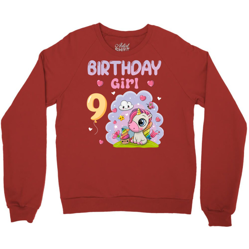 Cute Unicorn 9th Birthday Girl Blue Crewneck Sweatshirt | Artistshot