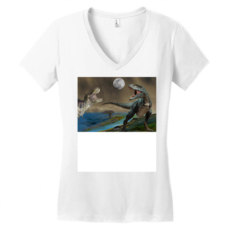 Dinosaurs Fighting Under The Moon Funny Women's V-Neck T-Shirt by gounevsaemahc | Artistshot