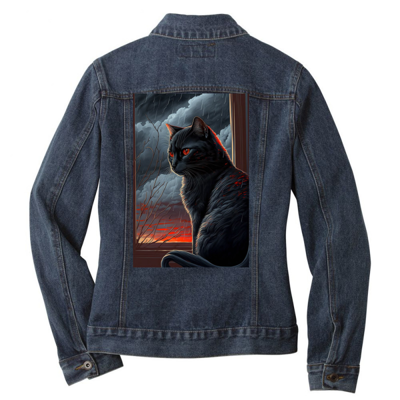 A Black Cat With Red Stripes Travel Ladies Denim Jacket by junakifumotof | Artistshot