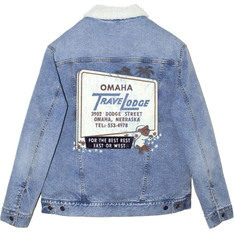 Omaha Travel Lodge        Retro Mid Century Aesthe Unisex Sherpa-Lined Denim Jacket by zaheretippanp | Artistshot