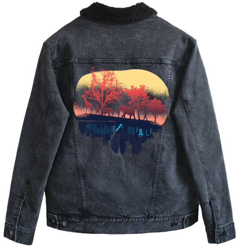 Nature And City Reflection Humor Unisex Sherpa-lined Denim Jacket | Artistshot