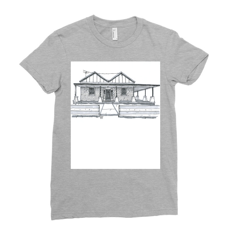 Australian Brick Homestead Old House Pen Ink Greys Ladies Fitted T-Shirt by horgmosikaru | Artistshot