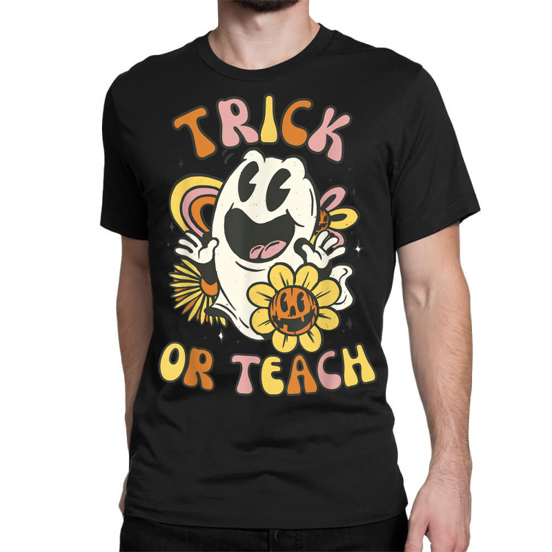 Trick Or Teach Groovy Halloween Floral Ghost 60s 7 Classic T-shirt by Newart | Artistshot