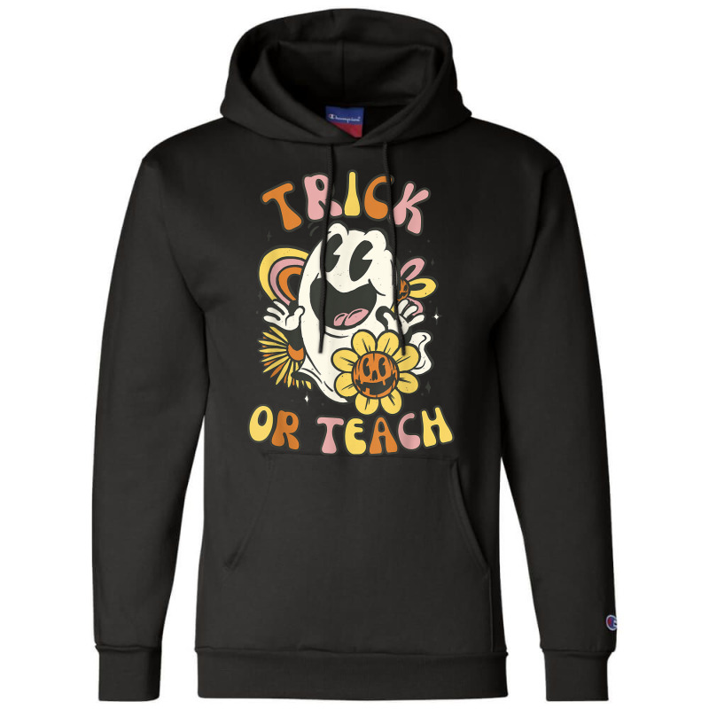 Trick Or Teach Groovy Halloween Floral Ghost 60s 7 Champion Hoodie by Newart | Artistshot