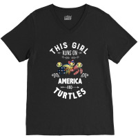 This Girl Runs On America And Turtles American Flag Patriotic 4th Of J V-neck Tee | Artistshot