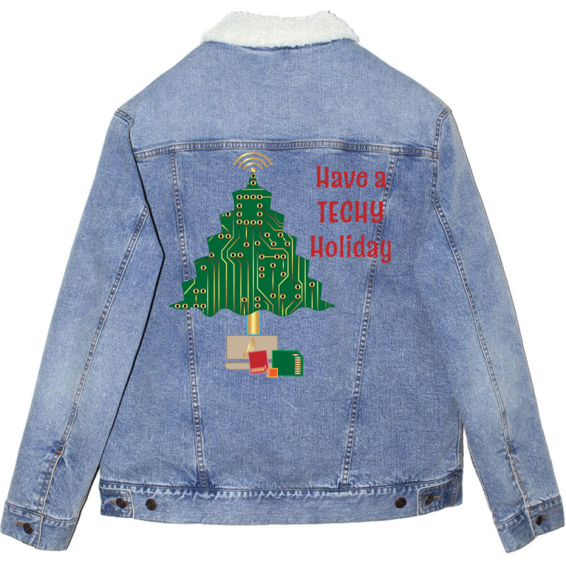 Techy Holiday Blue Unisex Sherpa-Lined Denim Jacket by cupzchewl | Artistshot