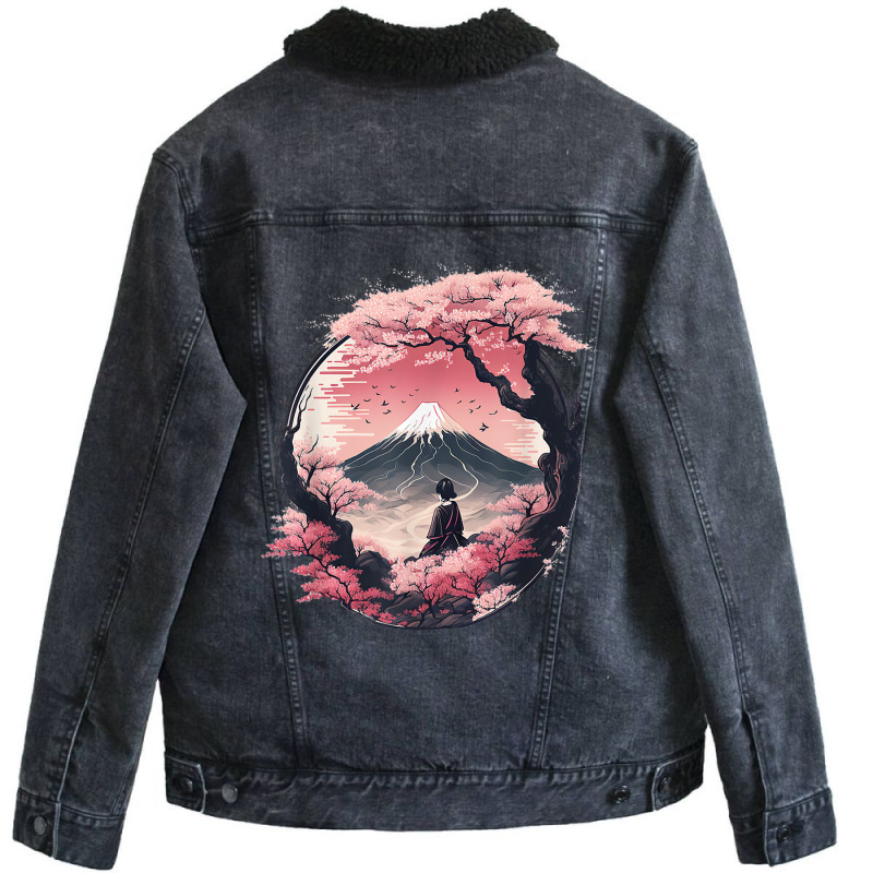 Mount Fuji Cherry Blossoms Geisha Japanese Garden Unisex Sherpa-lined Denim Jacket | Artistshot