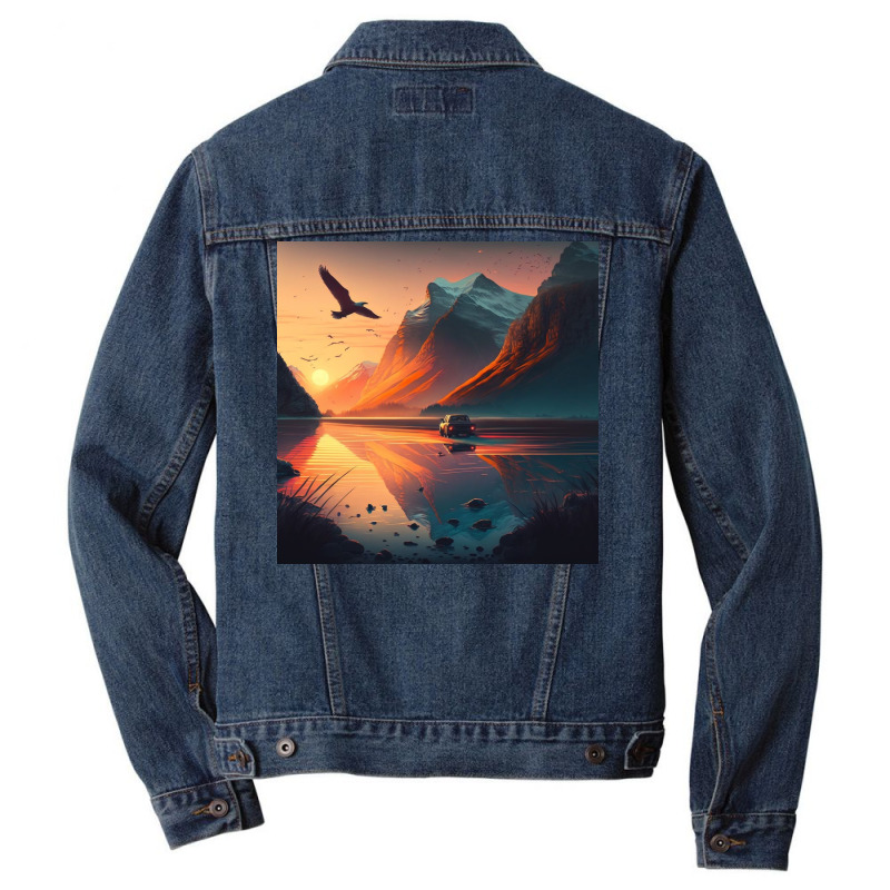 Bird Flying Over Mountains Sunrise Men Denim Jacket by Haven Treasures | Artistshot