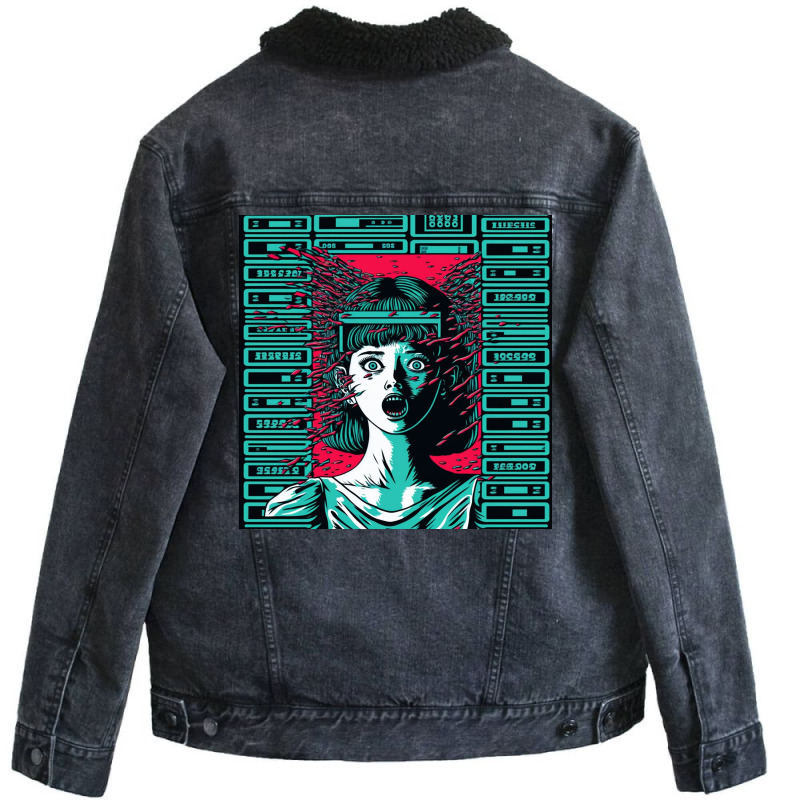 Young Girl Screaming Open Mouth Unisex Sherpa-Lined Denim Jacket by TheDol | Artistshot