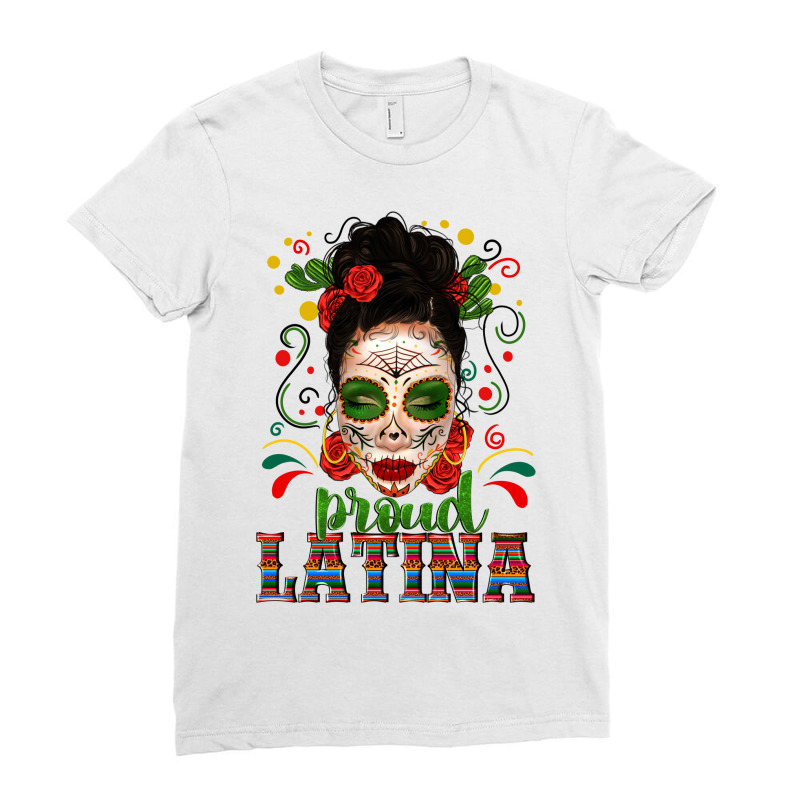 Proud Latina Skull Girl Messy Bun Ladies Fitted T-Shirt by enoddigitalart@gmail.com | Artistshot