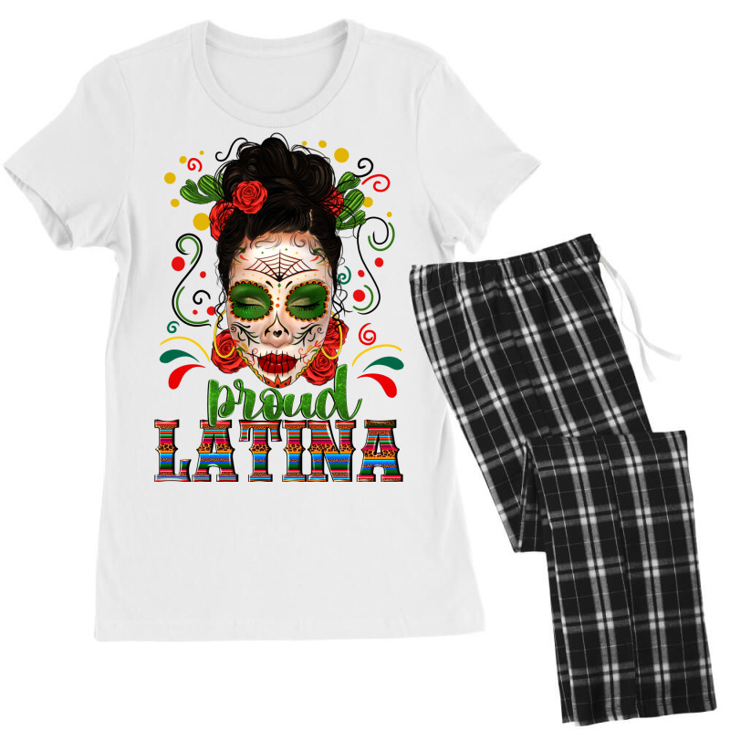 Proud Latina Skull Girl Messy Bun Women's Pajamas Set by enoddigitalart@gmail.com | Artistshot