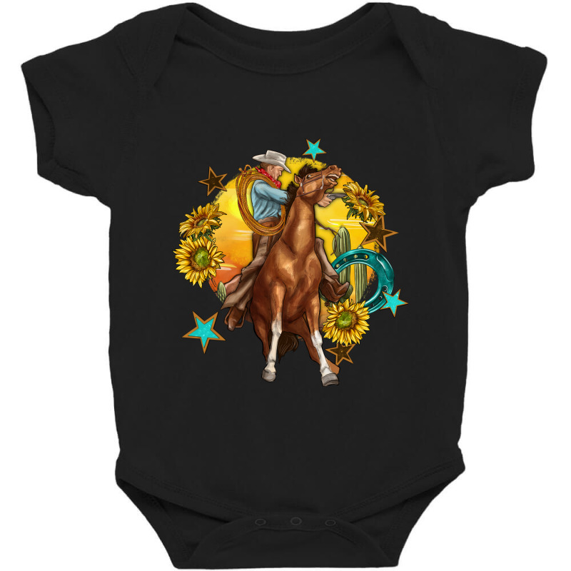 Bucking Horse With Cowboy And Sunflower Baby Bodysuit by enoddigitalart@gmail.com | Artistshot