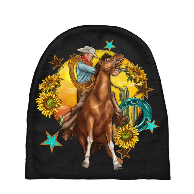 Bucking Horse With Cowboy And Sunflower Baby Beanies by enoddigitalart@gmail.com | Artistshot