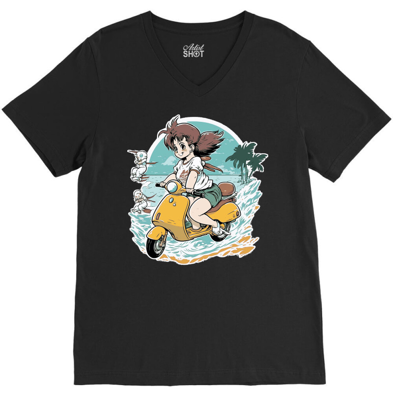 Anime Girl Riding Scooter V-neck Tee | Artistshot