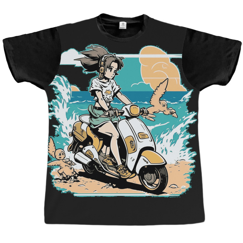 Anime Girl Riding Scooter In Beach Graphic T-shirt | Artistshot