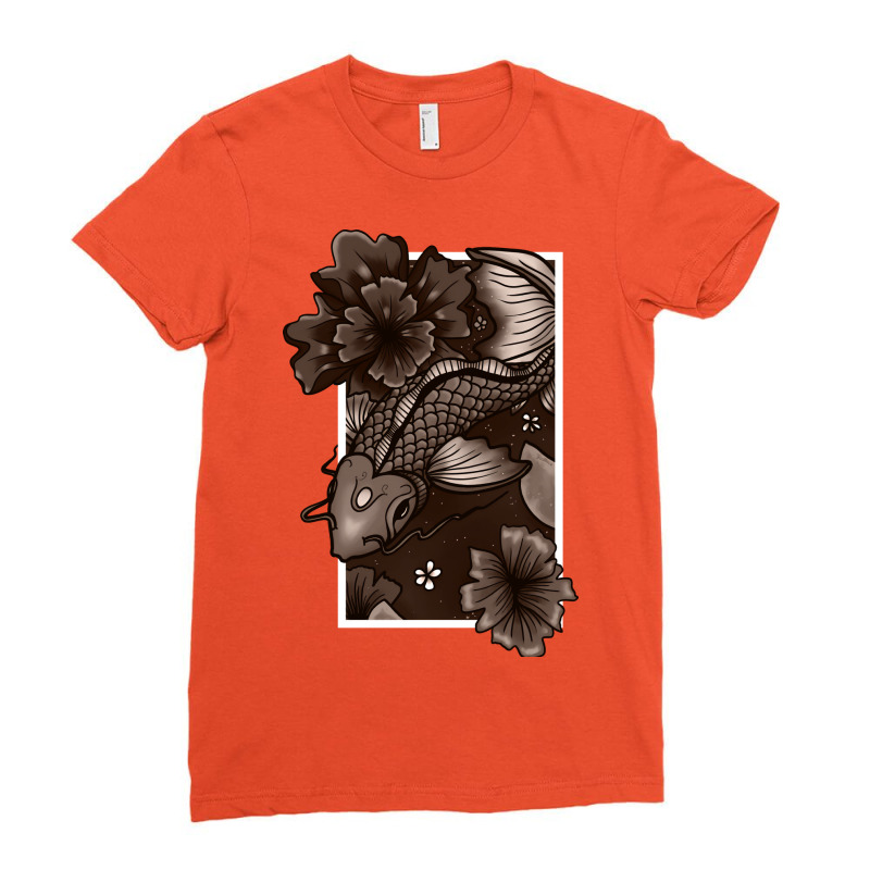 Koi Fish Swimming Through Water And Flowers Copper Ladies Fitted T-Shirt by nikkiaphavn | Artistshot