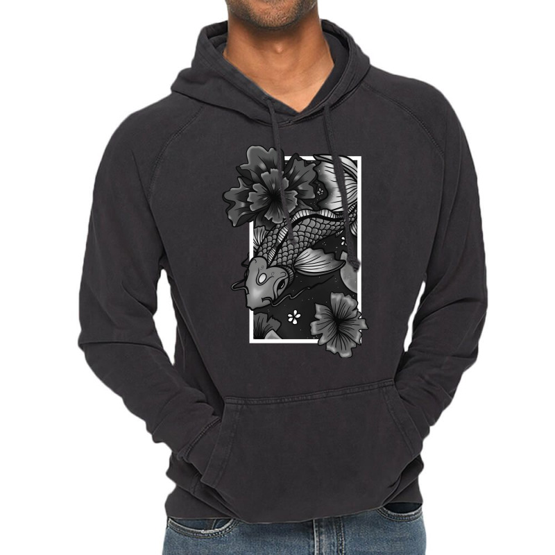 Koi Fish Gliding Through Water And Flowers Grey Ed Vintage Hoodie | Artistshot