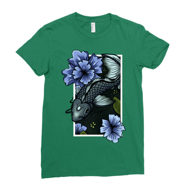 Koi Fish Swimming Through Water And Flowers Silver Ladies Fitted T-Shirt by sbusiozald | Artistshot