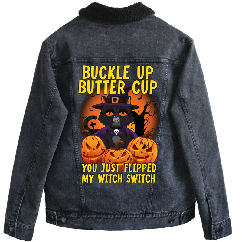 Funny Cat Buckle Up Buttercup You Just Flipped My Unisex Sherpa-Lined Denim Jacket by bhubanbutjaz | Artistshot