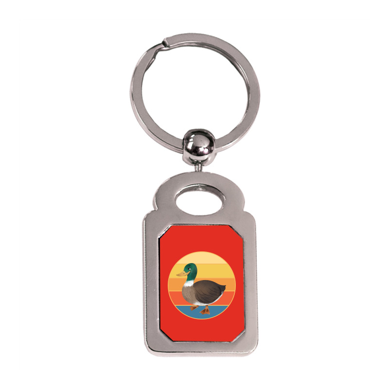 Cute Duck Vintage Retro Sunset Animal Lover Design Silver Rectangle Keychain | Artistshot