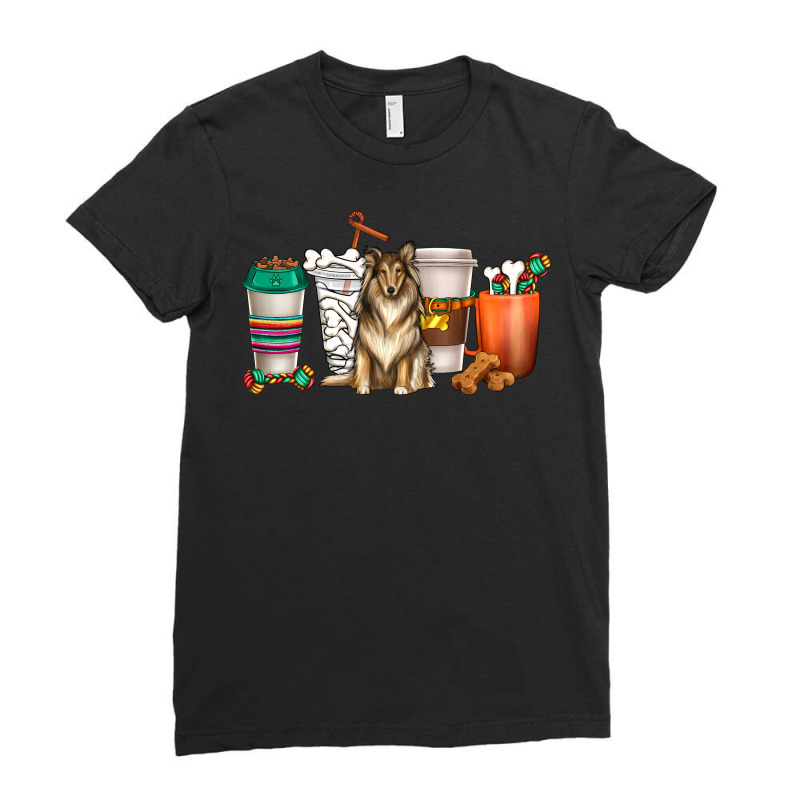 Collie Dog Coffee Cups Ladies Fitted T-Shirt by enoddigitalart@gmail.com | Artistshot