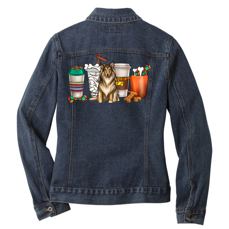 Collie Dog Coffee Cups Ladies Denim Jacket by enoddigitalart@gmail.com | Artistshot