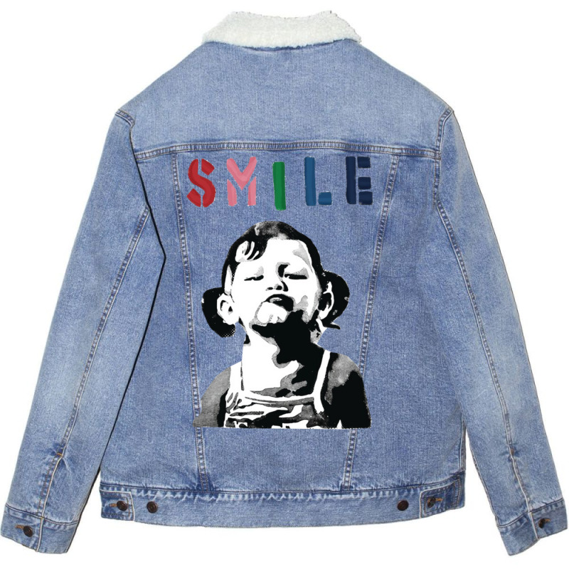 Banksy Graffiti Quote Smile With Girl Unisex Sherpa-Lined Denim Jacket by wiliamgelas | Artistshot