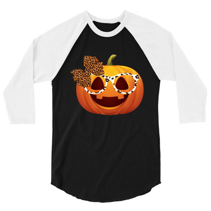 Cute Pumpkin Face With Leopard Print Glasses Girls 3/4 Sleeve Shirt | Artistshot