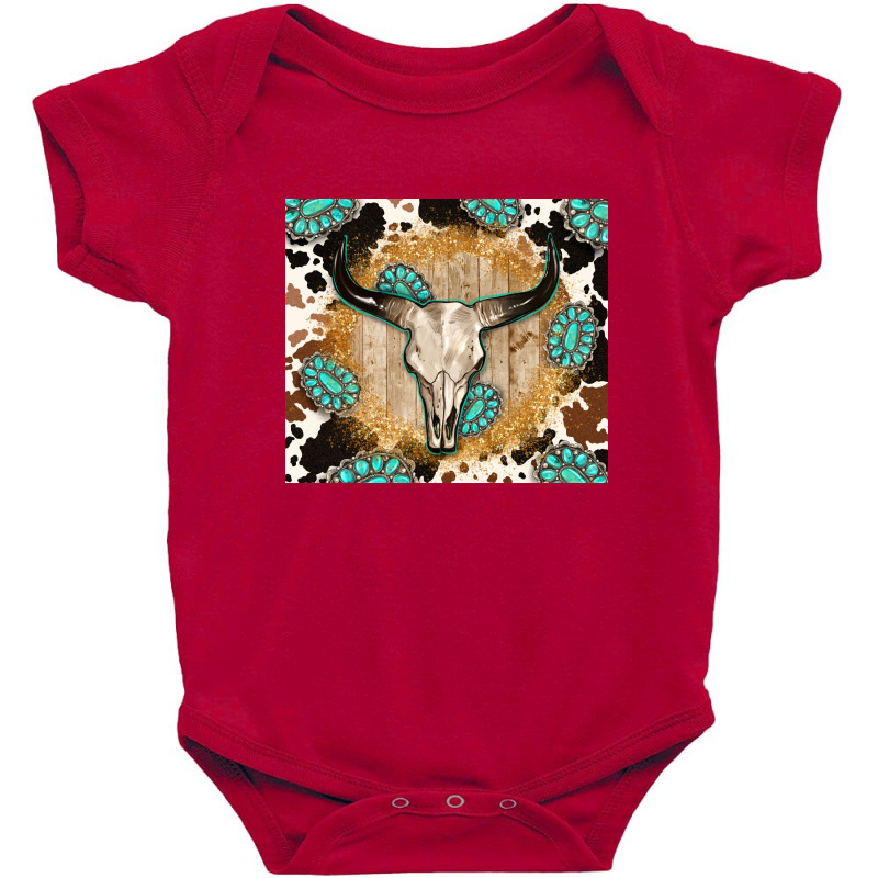 Western Bull Skull Wit Cowhide And Gemstone Baby Bodysuit | Artistshot