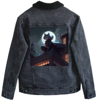 Cat Girl Sitting On A Roof Unisex Sherpa-lined Denim Jacket | Artistshot