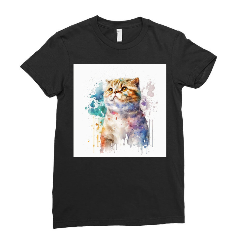 Cat Looking Up With Watercolor Ladies Fitted T-Shirt by Creative Corner | Artistshot