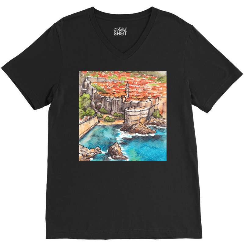 Dubrovnik Croatia   Ink And Watercolor Illustratio V-Neck Tee by alcapethaty | Artistshot