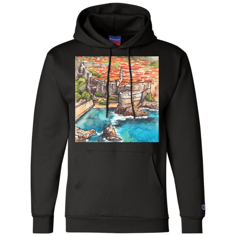 Dubrovnik Croatia   Ink And Watercolor Illustratio Champion Hoodie by alcapethaty | Artistshot