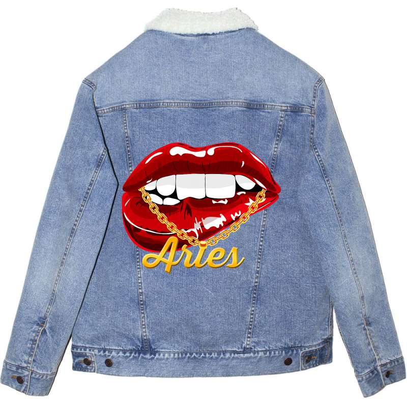 Aries Girl Juicy Lips Gold Chain Astrology Zodiac  Unisex Sherpa-Lined Denim Jacket by CalliopEasley | Artistshot