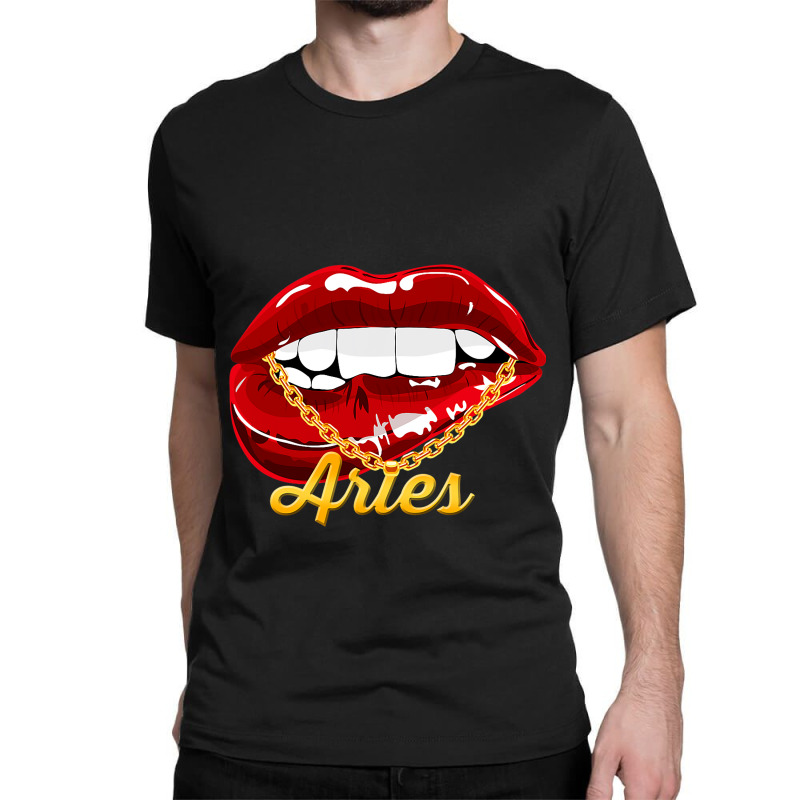 Aries Girl Juicy Lips Gold Chain Astrology Zodiac  Classic T-shirt by CalliopEasley | Artistshot