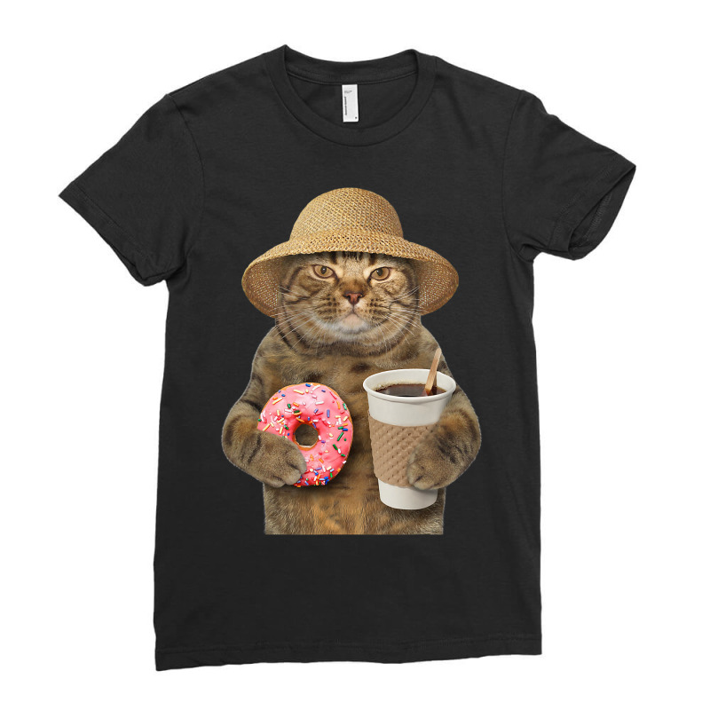 Funny Brown Cat With Coffee And Donut Ladies Fitted T-Shirt by ArtemiCranfor | Artistshot