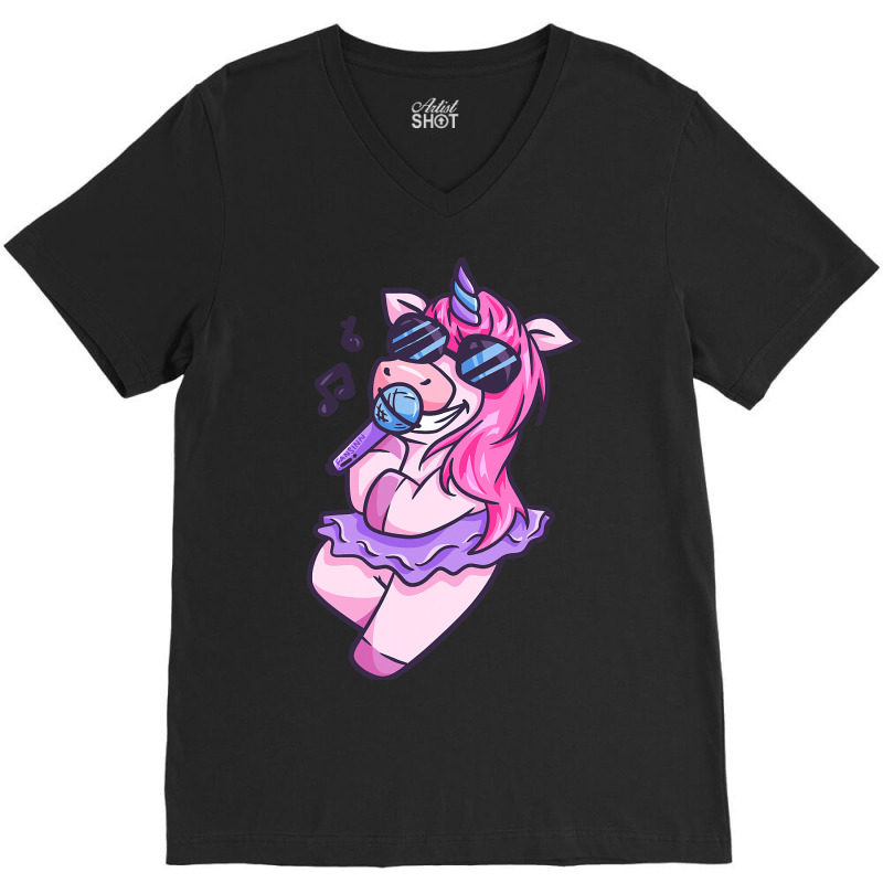 Unicorn Girl Sings A Song Karaoke Music Unicorn V-neck Tee | Artistshot