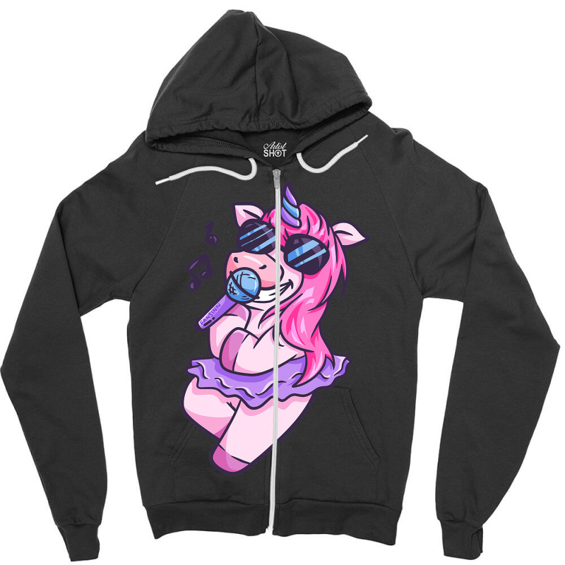 Unicorn Girl Sings A Song Karaoke Music Unicorn Zipper Hoodie | Artistshot