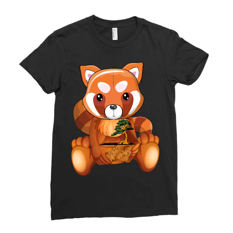 Red Panda Kawaii Cute With Tree Bonsai Relaxing Ho Ladies Fitted T-Shirt by ZariahVang | Artistshot