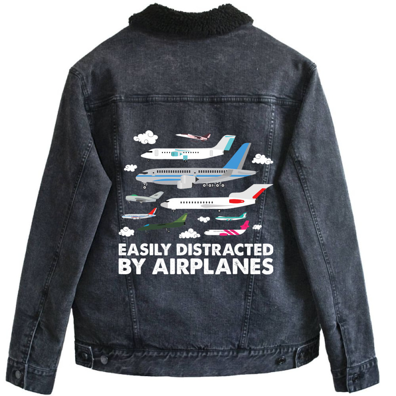 Pilot Shirt Easily Distracted By Airplanes Aviatio Unisex Sherpa-Lined Denim Jacket by HafsahHoehn | Artistshot