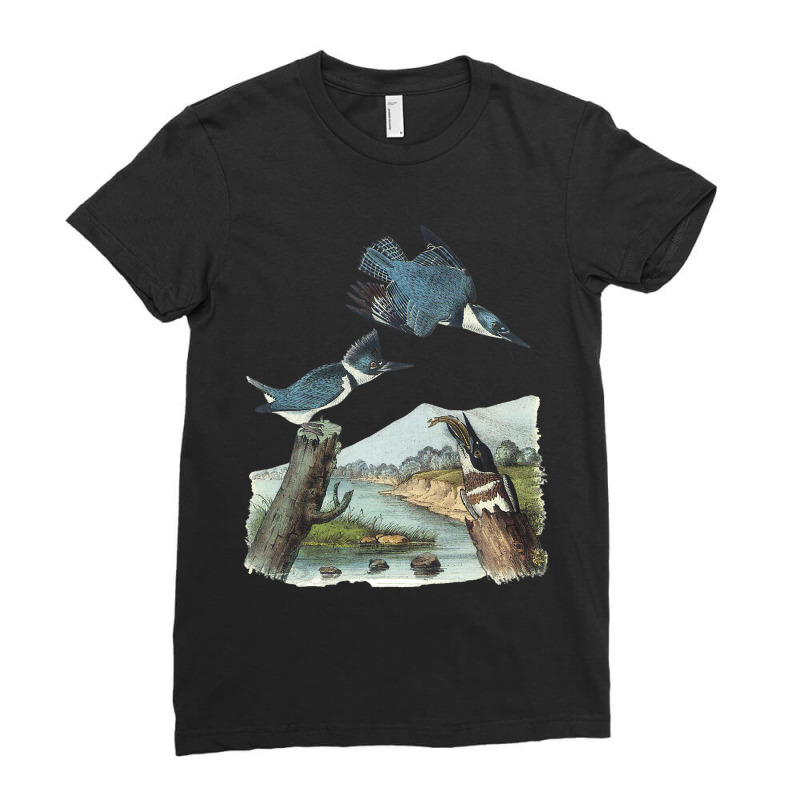 Watercolor Belted Kingfisher Bird Eat Fish Nature  Ladies Fitted T-Shirt by CalliopeEasley | Artistshot