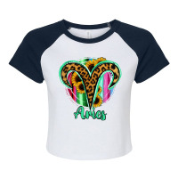 Aries Zodiac Sign Sunflower Leopard Serape Raglan Crop Top | Artistshot