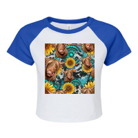 Highland Cow Sunflowers Turquoise Seamless Pattern Raglan Crop Top | Artistshot